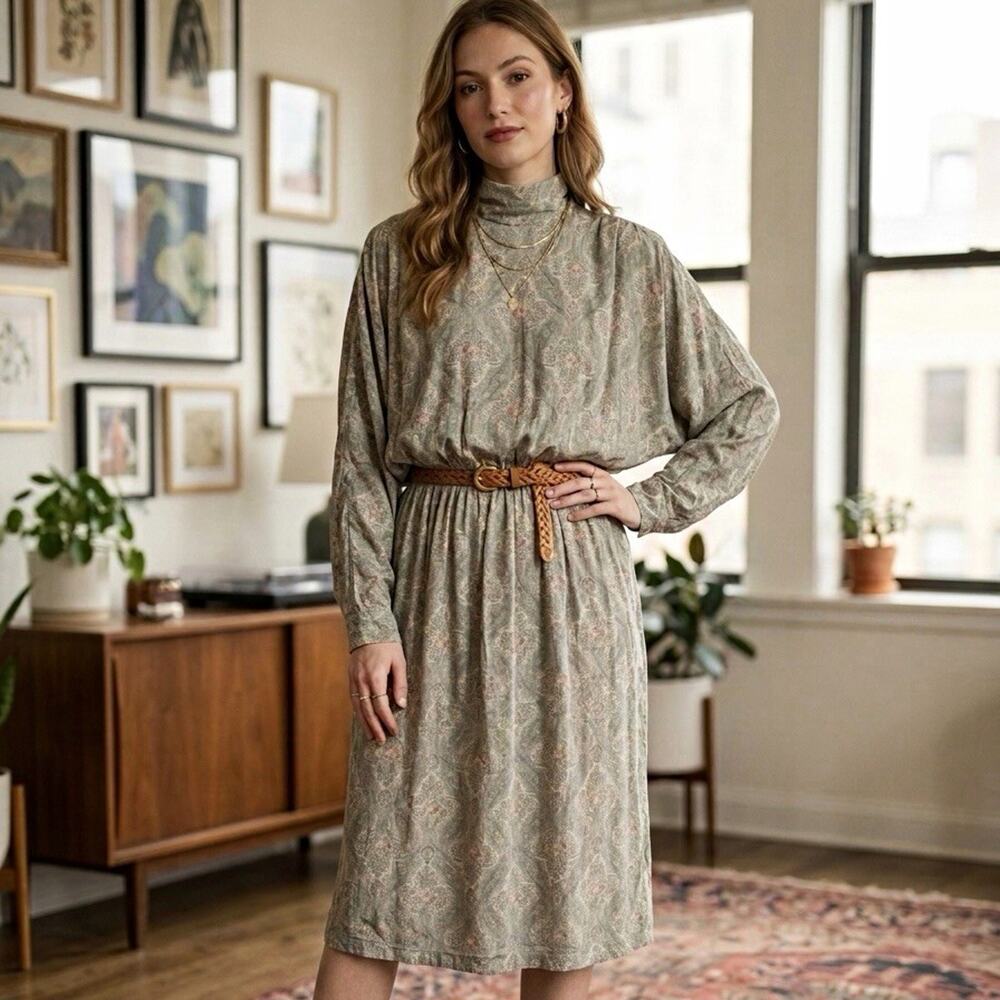 Vintage Grey and Pastel Victorian Floral Dress sz8 Blouson Dolman Cottagecore - Picture 1 of 7